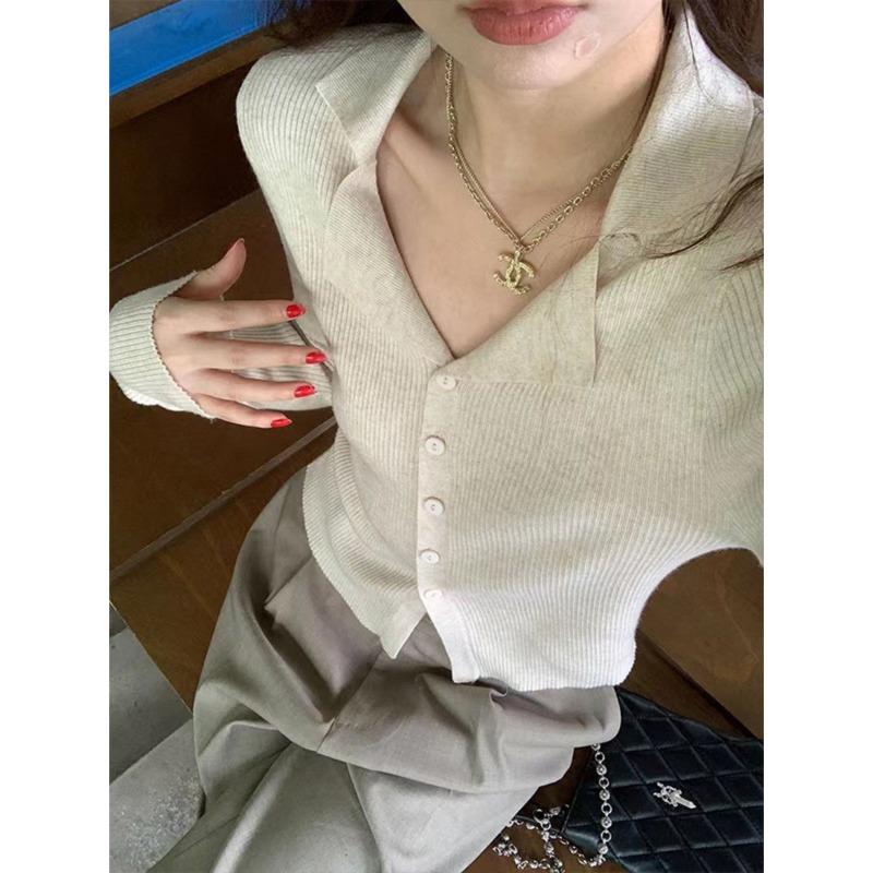 Chic polo lapel knitted sweater spring waist thin Spice girl style long-sleeved sweater temperament top