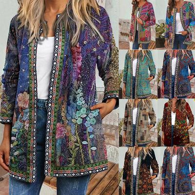 Autumn Winter Women's Ethnic Print Cardigan, Hoodie Style Open Front Jacket with Long Sleeves, Boho Chic Outerwear for Casual Wear