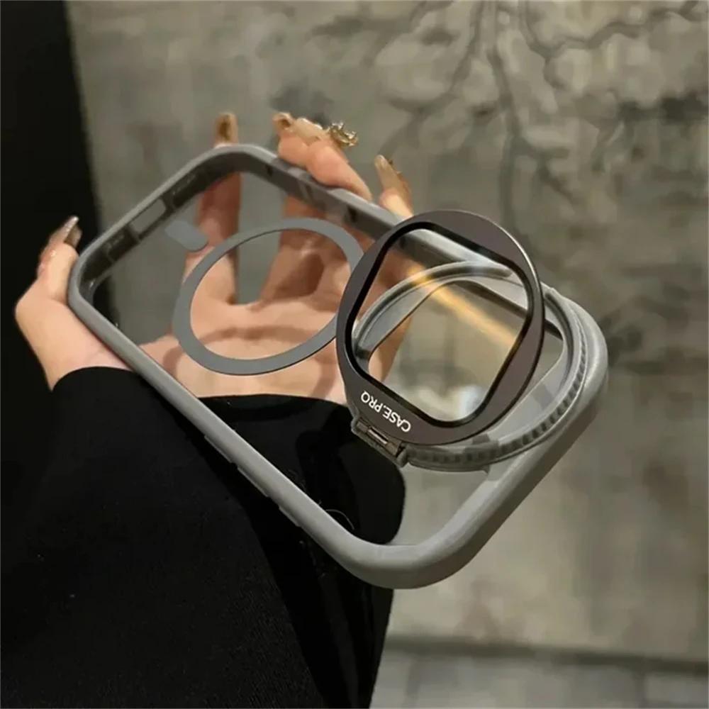 Camera Lens Protection Flip Bracket Stand For Magsafe Magnetic Case for iPhone 16 11 12 13 14 15 Pro Max Plus Transparent Cover