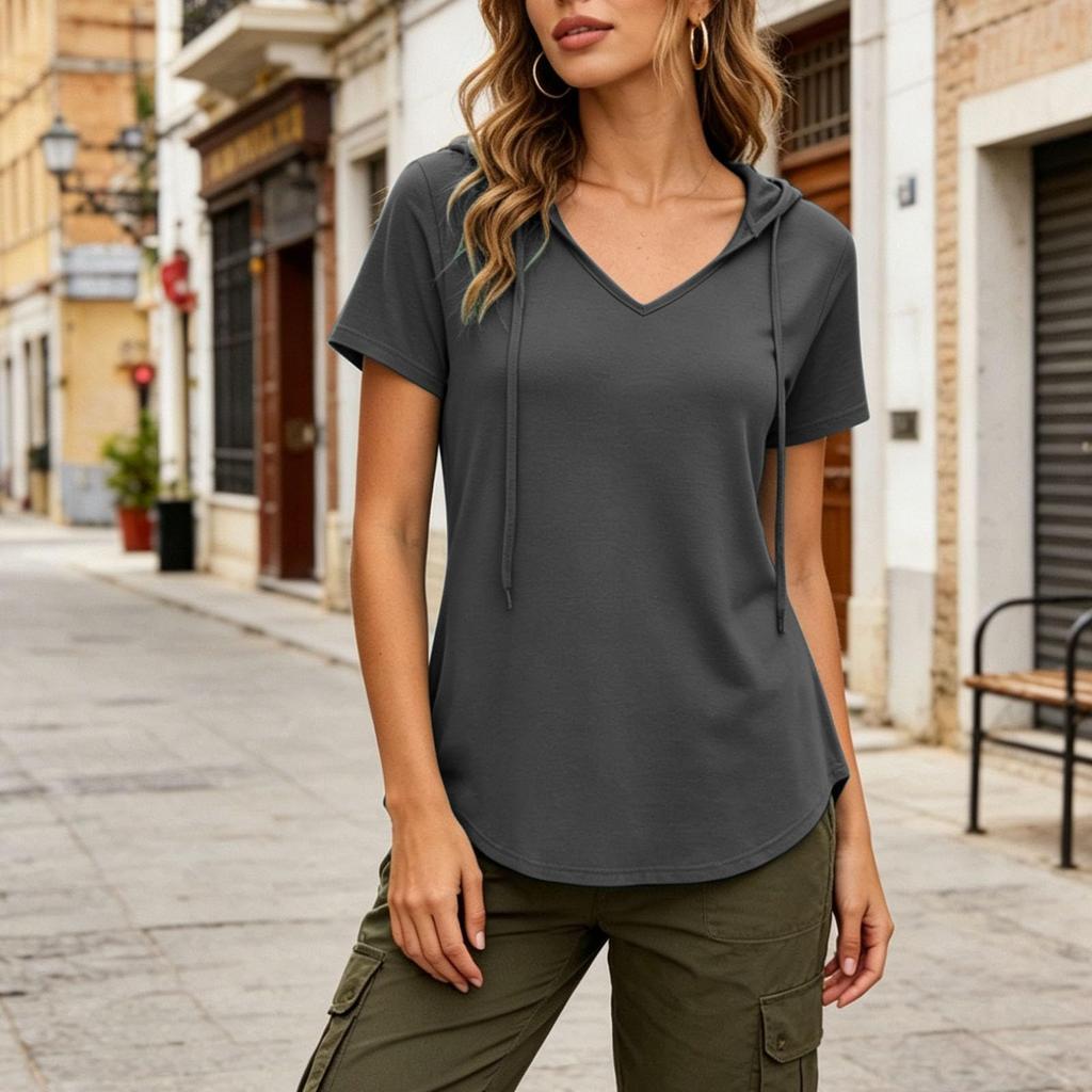 Women’s Short Sleeve Hooded Pullover V Neck Loose Fit Casual Drawstring Shirt Lightweight Comfortable Top for Everyday Wear