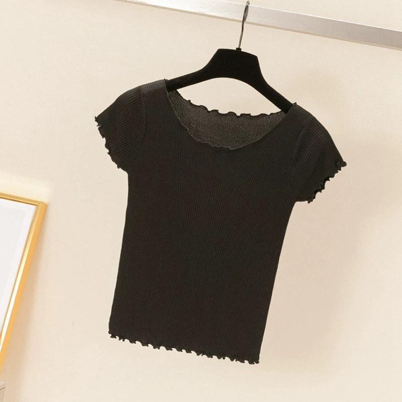 Dámské Léto Pletené Ledové Hedvábné Trička Topy Krátký rukáv Tenký Plísňový Listový Límec Vysoký Pas Jednobarevná Studená