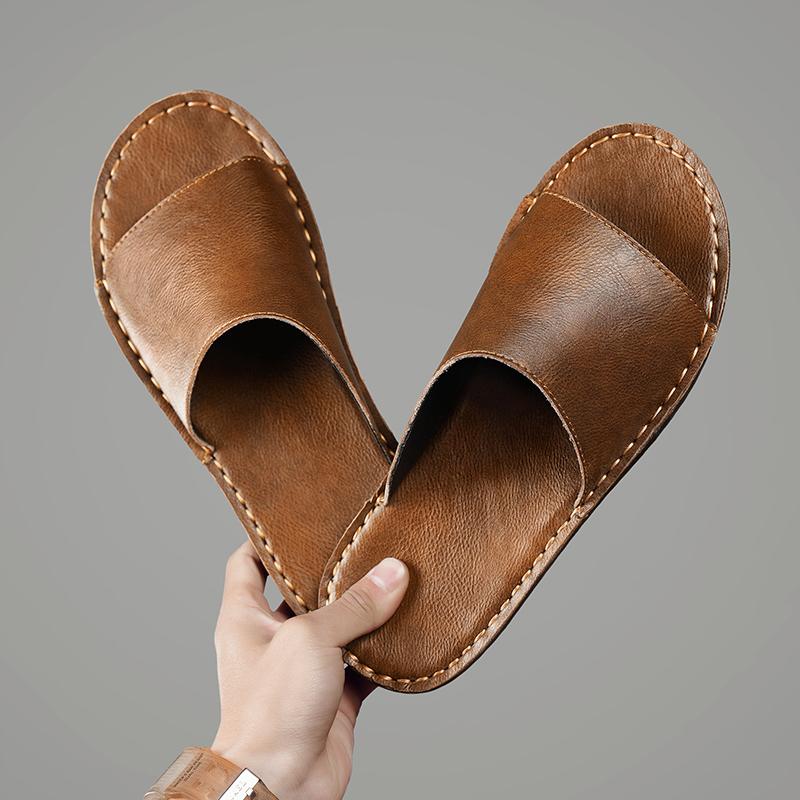 Fashion Men Genuine Leather Slipper Homes In Indoor Slipper Summer Open Toe Sandal Comfy Antiskid Soft Bottom Casual Walking Shoe