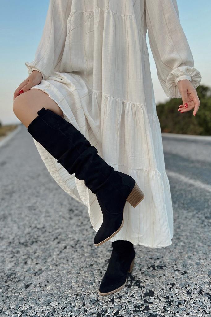 Women Modern Stylish Fashion Boots Boots Faux Leather Suede Desert Long Knee Length Western Suede Black Gusseted Cowboy Boots