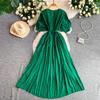 French gentle wind temperament pleated round neck lantern sleeve dress women's summer waist thin ankle dress
