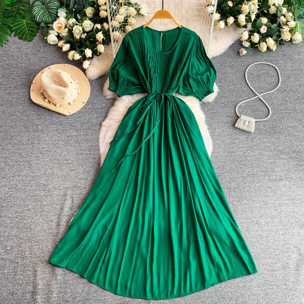 French gentle wind temperament pleated round neck lantern sleeve dress women's summer waist thin ankle dress