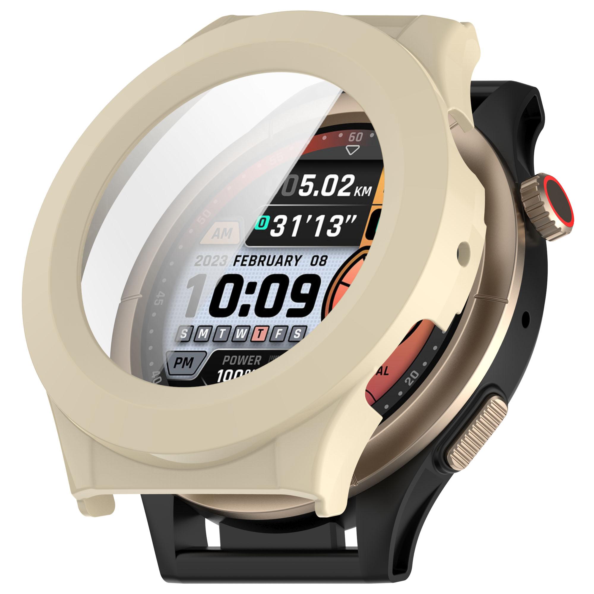 

Watch Case for Huami Amazfit Cheetah Round/Cheetah Pro PC Frame Cover with Tempered Glass Screen Film Ivory White