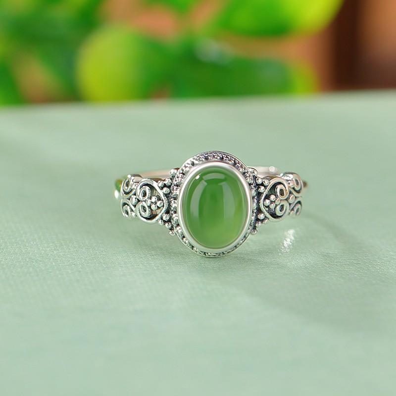 Adjustable Vintage-Inspired Oval Jade-Look Ring Women Men Geometric Boho Statement Jewelry