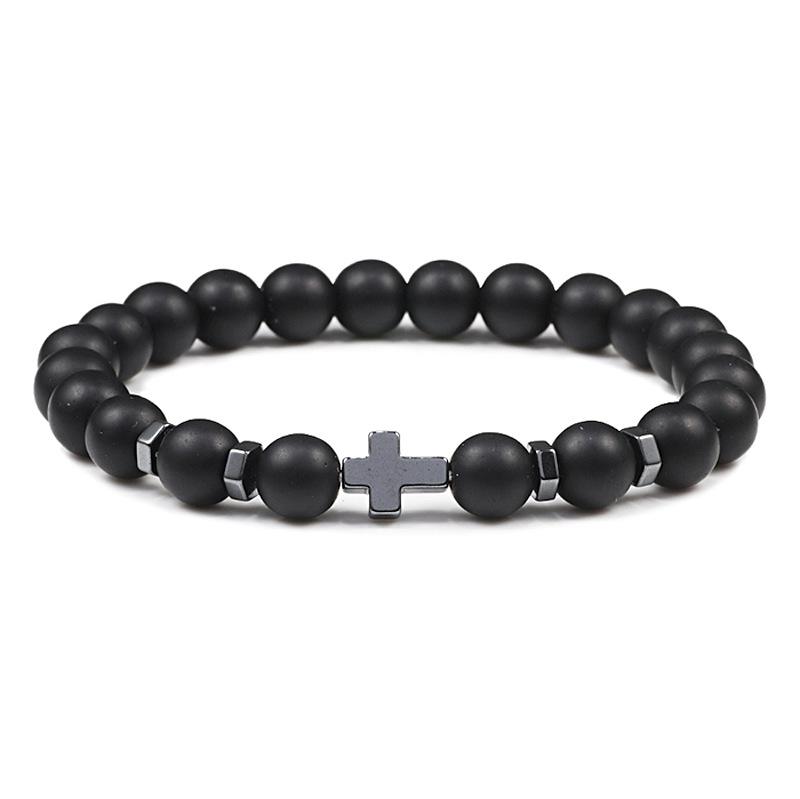 

8mm bead cross hematite bracelet, natural black volcanic stone bracelet, men s and women s yoga jewelry