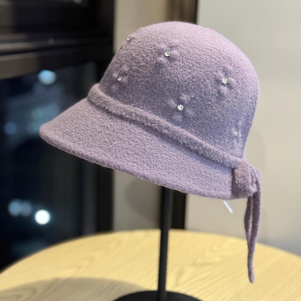 New Winter High-end Handmade Woolen Hat with Rhinestone Decoration, Japanese-style Warm Fisherman Hat, Elegant Women's Bucket Hat, Trendy