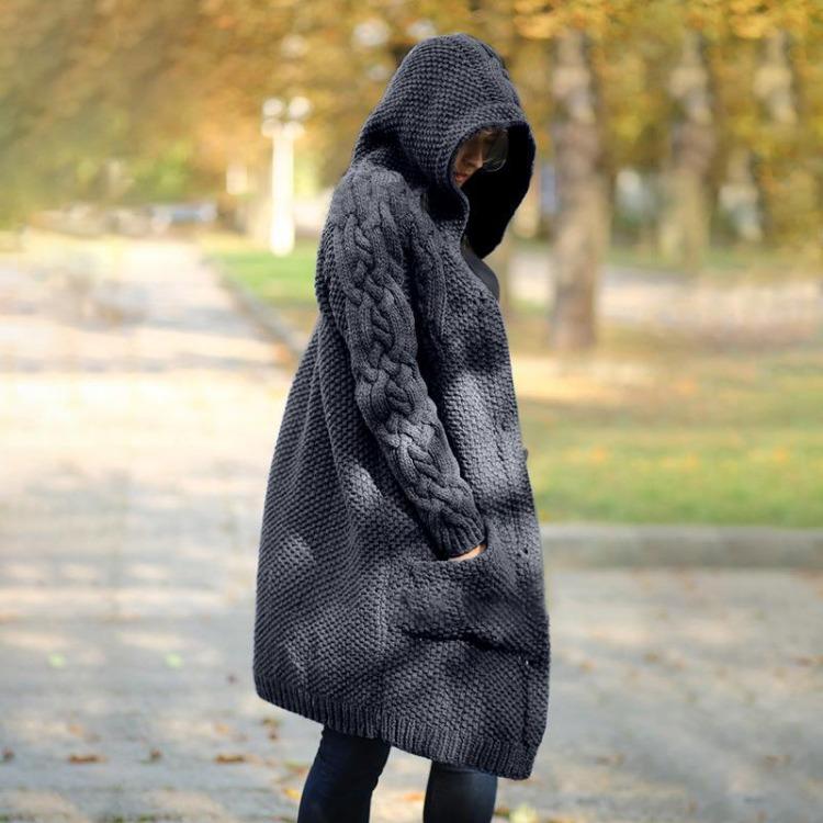 Plus Size Women Knit Sweater Hooded Cardigan Jacket Thickened Long Autumn Winter