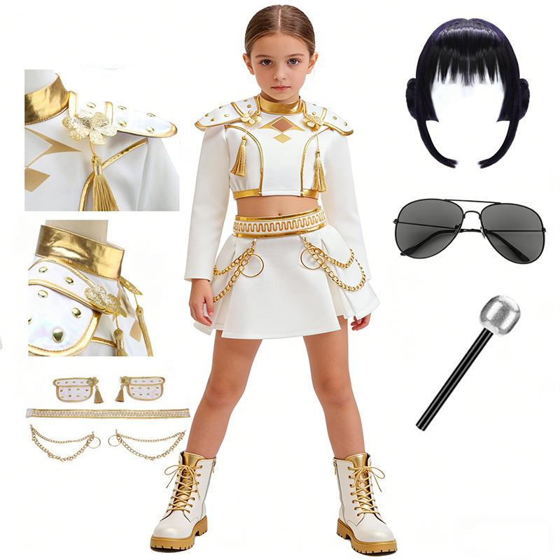 Children Idol Performance Costume White Gold Shoulder Top Chain Skirt Set For Stage Show Halloween Carnival Fancy Dress Party