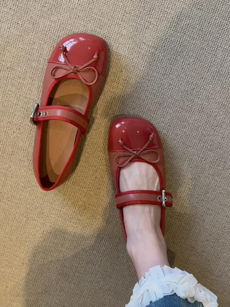 Pantofi Mary Jane cu nasturi și nasturi, model francez, cu nasturi, talpă plată, pentru copii, 2025, pantofi roșii noi, cu un singur picior