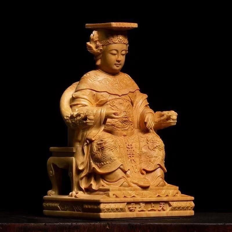 Natural Boxwood Chinese Goddess Mazu Statue Traditional Culture Mazu  Wooden Carvings Sea Goddess Home Room Decoration Figurines