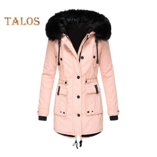 

Зимнее пальто с меховым капюшоном и карманами, плюшевая подкладка, большой размер, застежка-молния, затягивающийся шнурок, парка, ветрозащитная, сохраняющая тепло, повседневная верхняя одежда для холодной погоды L розовый