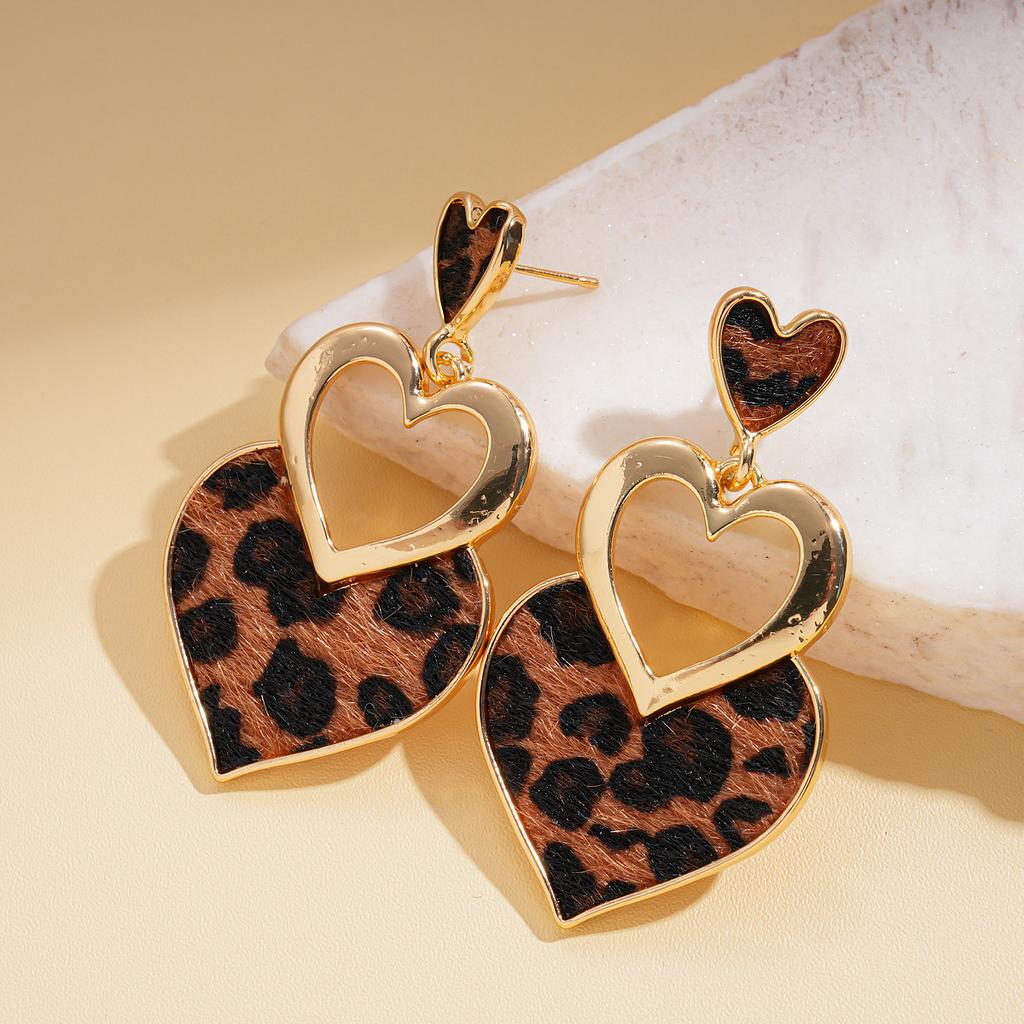 European and American leopard print geometric rhombus love fan silver needle earrings Maillard retro autumn and winter high-end earrings