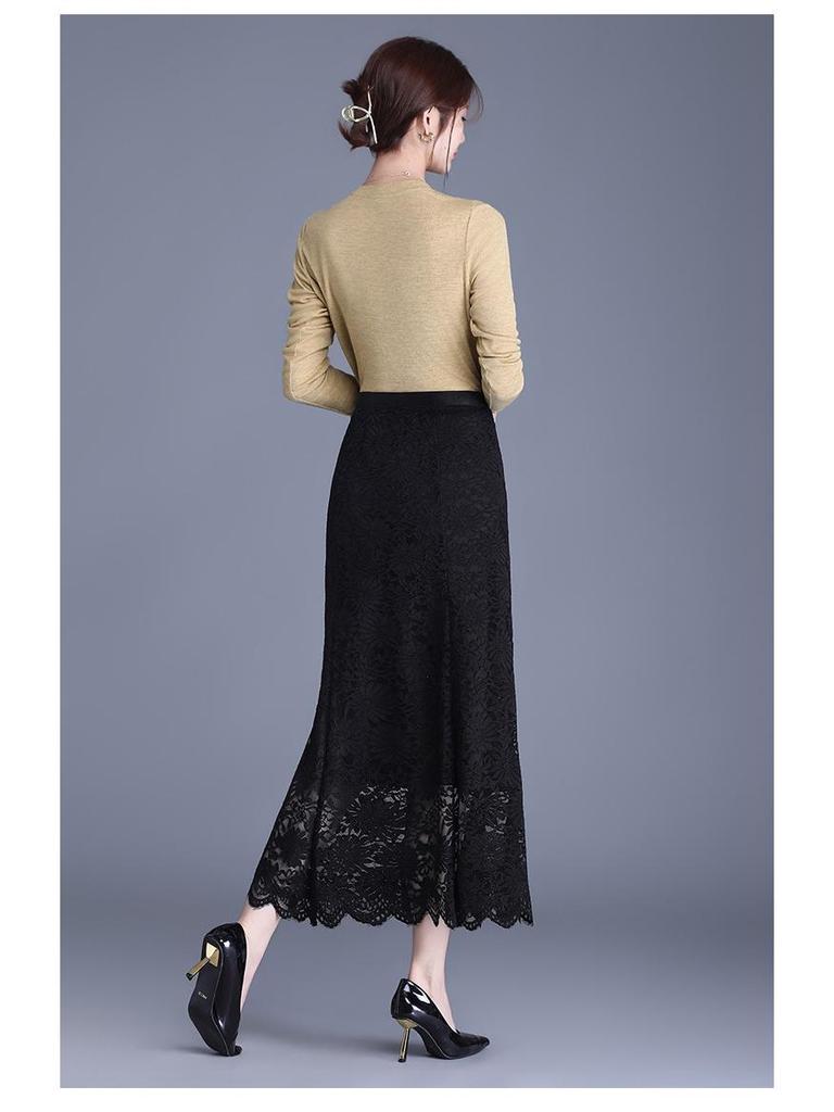 Black Lace Floral Mermaid Midi Skirt - 2026 Spring High-Waist, Slimming, Hip-Hugging Design
