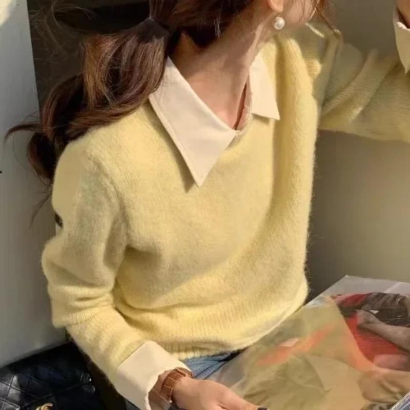 Winter Solid Knitted Pullover Sweater Women Retro Fake Two Pieces Top Pullover Female Korean Fashion Vintage Sweater 2024 New