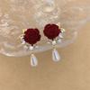 1 Pair of Wine Red Imitation Velvet Rose Oval Pendant Earrings, Women's Retro Elegant Temperament Holiday Accessories Jewelry
