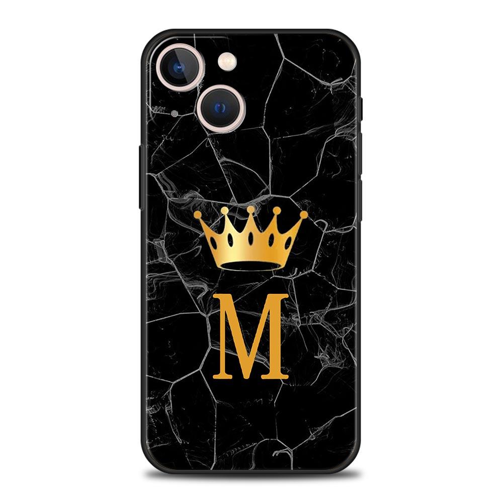 Crown Letter A To Z Luxury Phone Case For iPhone 15 14 13 12 Mini 11 Pro Max XS X XR SE 7 8 Plus Soft Silicone Black Cover Funda