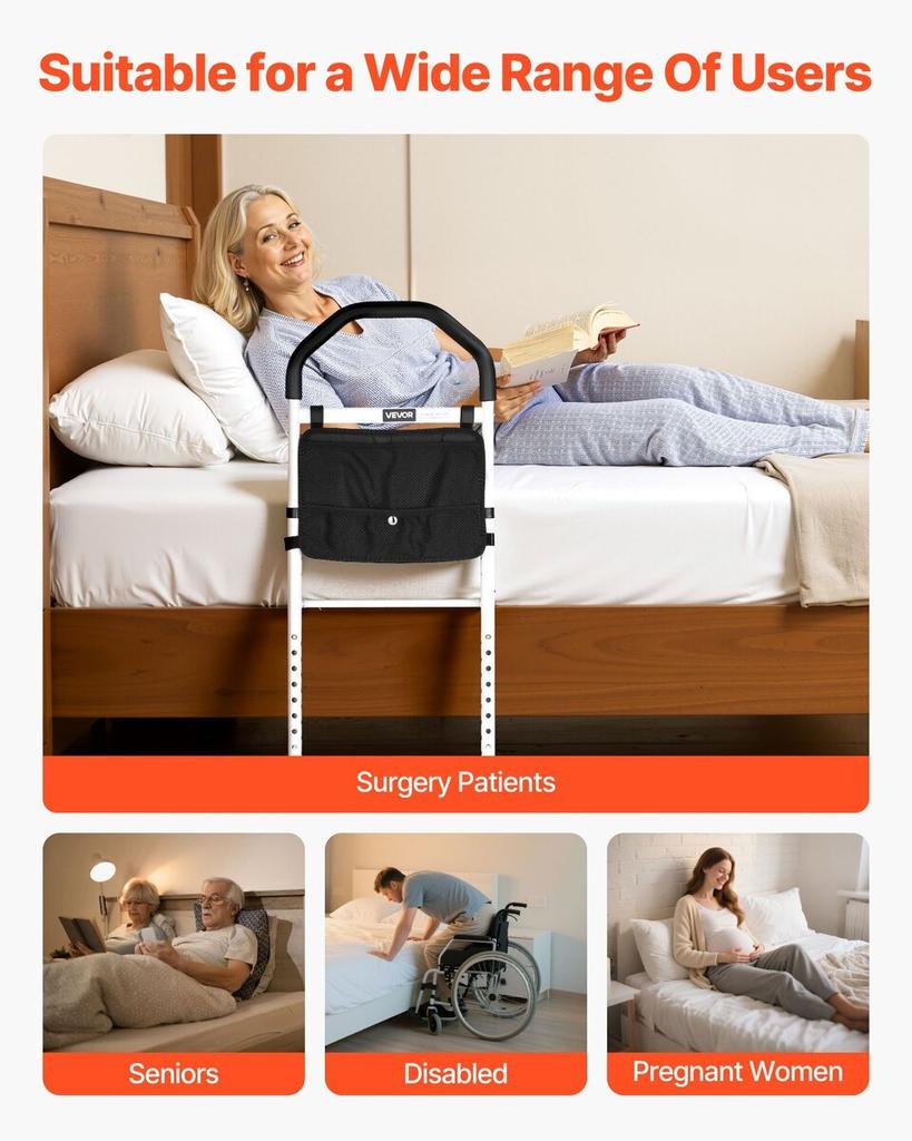 Bed Rail for Elderly, Bedside Assist Rails with Supporting Leg and PU Handrail, Adjustable Height Carbon Steel Pipe Bedside Cane, Bed Bars for Seniors