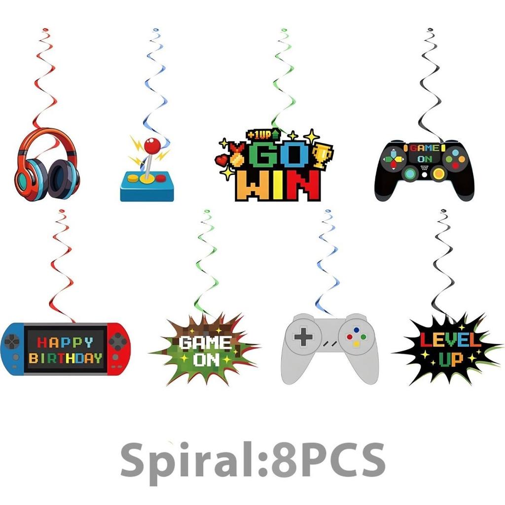 Cartoon Arcade-Themed Party Decoration Set: Boys' Birthday Decorations, Game Controller Banners, Cake Topper, and Spiral Hanging Decorations