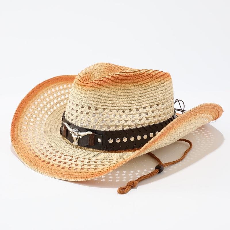 Spray painted denim straw hat, new western summer men's and women's sun hat, jazz hat, sun protection hat, big-brimmed ox head straw hat