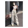 Women High Waisted Beige Straight Leg Jeans Spring Autumn Korean Style Wide Leg Pants Slim Fit V Line Stitching