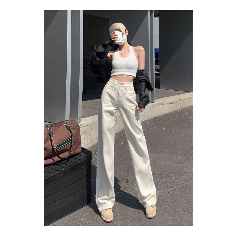 Women High Waisted Beige Straight Leg Jeans Spring Autumn Korean Style Wide Leg Pants Slim Fit V Line Stitching