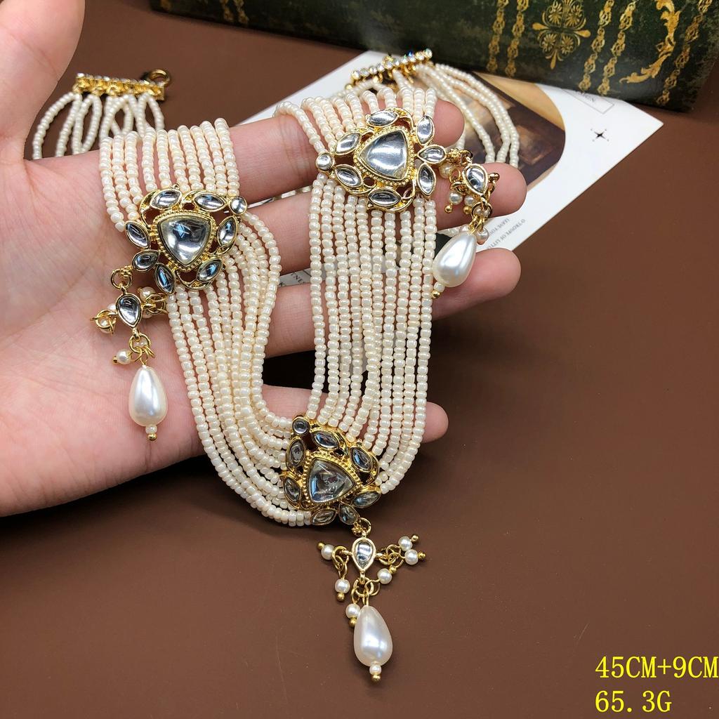 French Court-style Retro Water Drop Pendant, Multi-layer Pearl Necklace, Collarbone Chain Earrings Set, Elegant and Versatile