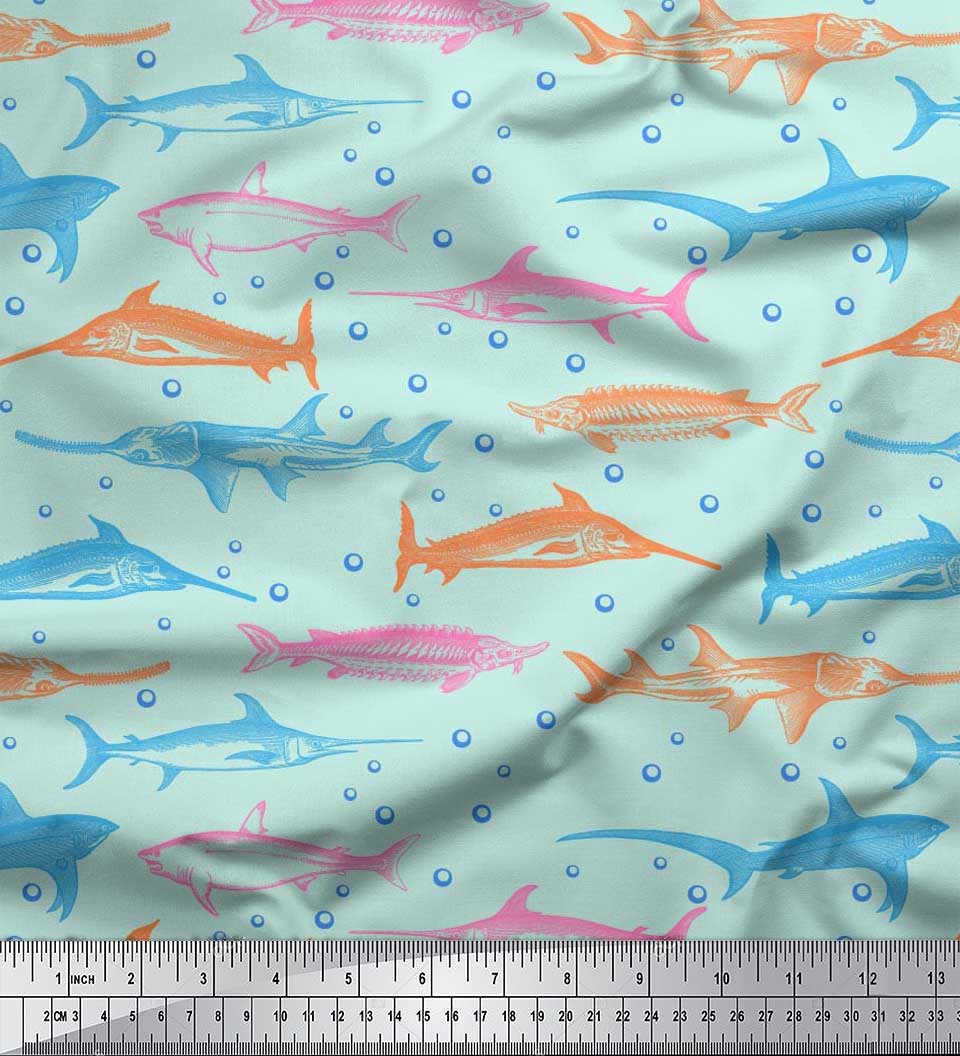 

Тканина Soimoi Japan Crepe Satin Bubbles & Fish Ocean Print Швейна тканина метр 42 дюйма 42 Inch Wide - Poly Crepe зелений