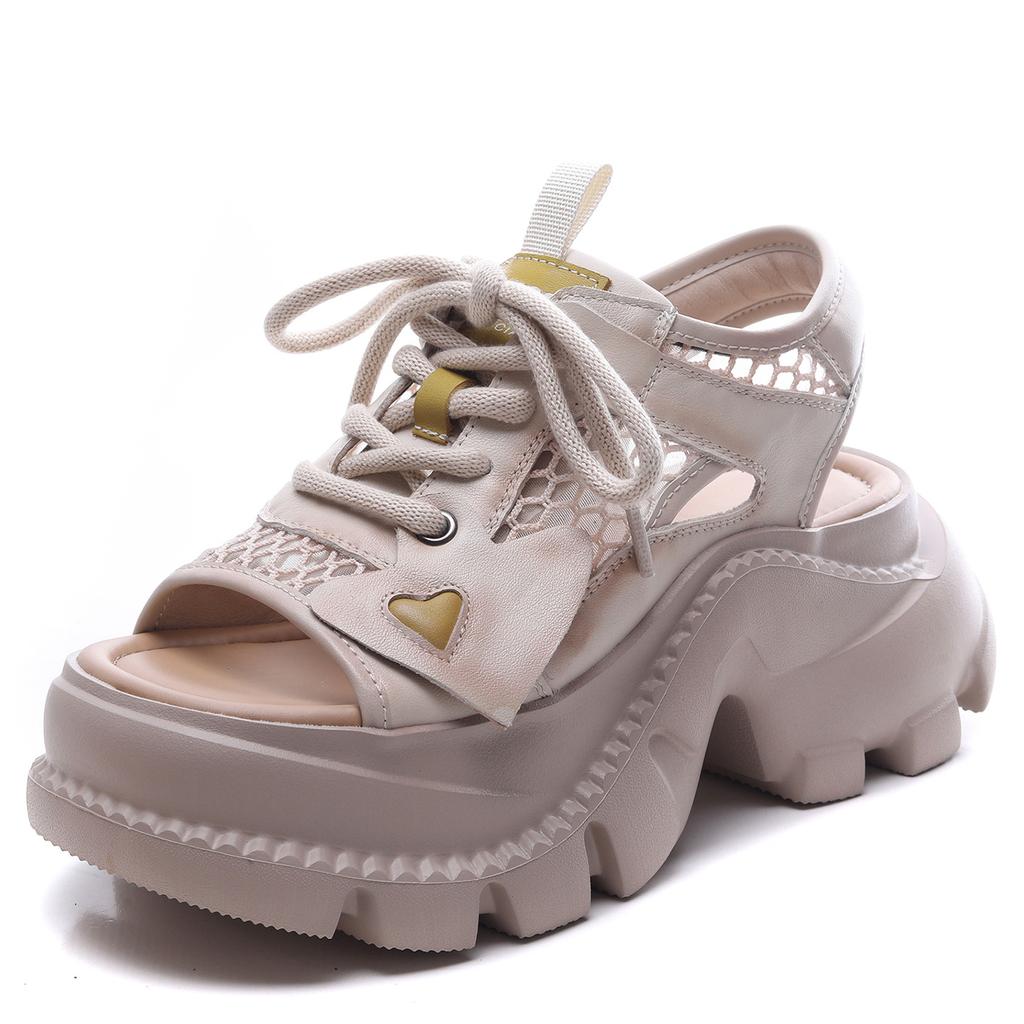 Johnature Fashion Hollowed Out Sandals Genuine Leather Thick Soled Lace Up Breathable Women's Platform Shoes