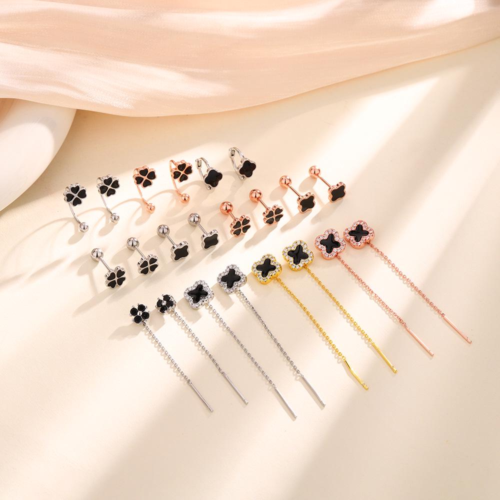 Korean Four-Leaf Clover Tassel Earrings - Sweet Flower Studs in Classic Style