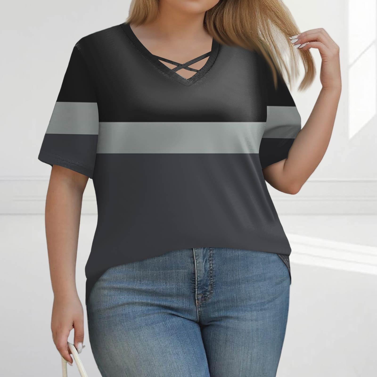 

Жіноча мода Повсякденна однотонна футболка з принтом у смужку з V-подібним вирізом та коротким рукавом великого розміру L чорний