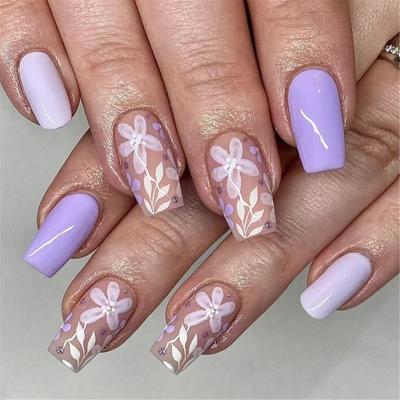 Square Press On Nail Flower Fake Nail Glues On Nail Artificial Acrylic Nail 12 Size 24pcs Stick On Nail for Women Girls