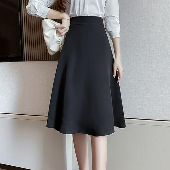 

Petite Women s Black High-Waisted A-Line Pleated Mid-Length Skirt - Summer Professional Umbrella Style S (waist ~66cm, 80-95 jin) чёрный