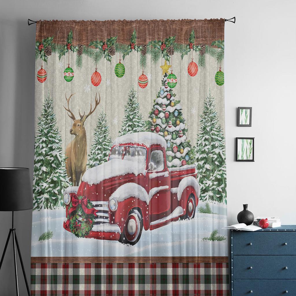 Christmas Truck Elk Fir Tree Berries Sheer Curtains For Kids Bedroom Living Room Voile Curtains Xmas Kitchen Tulle Curtain