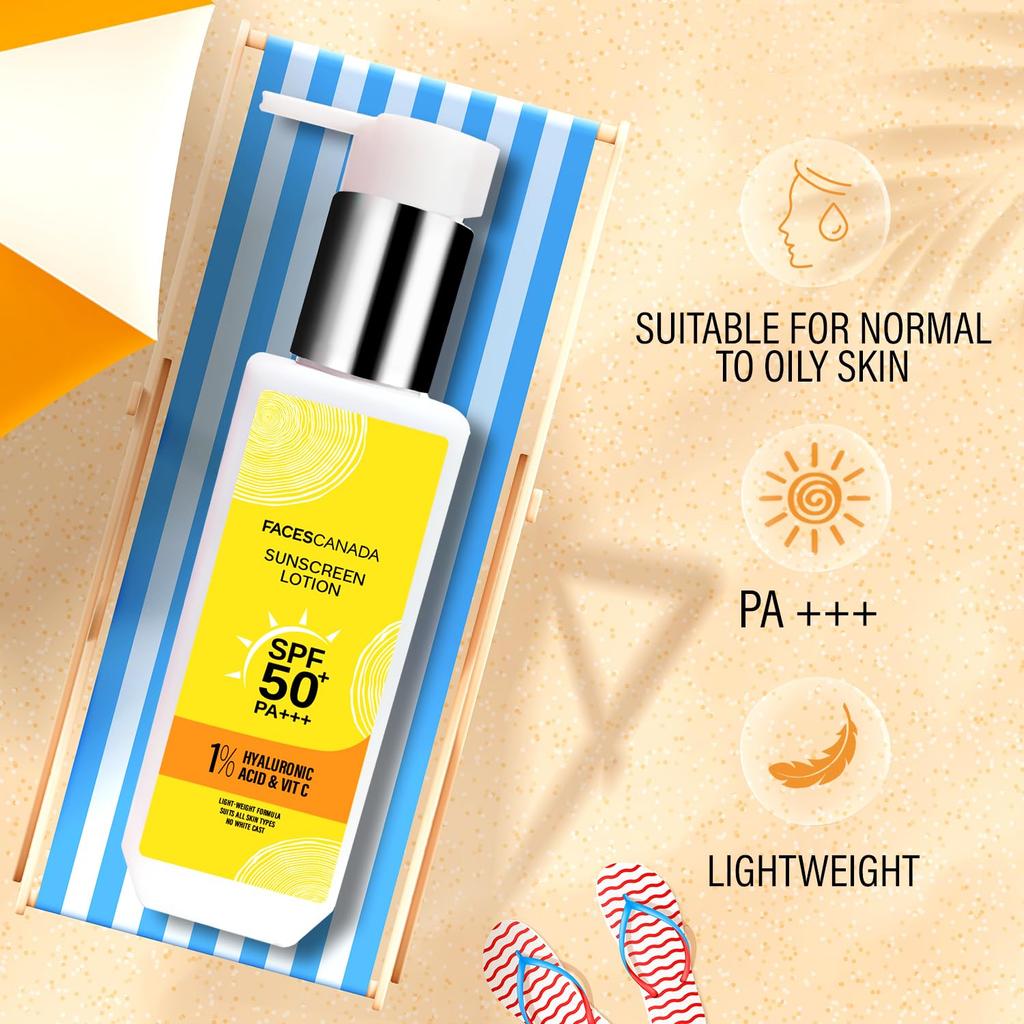 FACESCANADA Sunscreen Lotion, 100ml | SPF 50 PA+++ | Oily Protects From UVA & UVB Rays | 1% Hyaluronic Acid & Vitamin C | Lightweight | No White