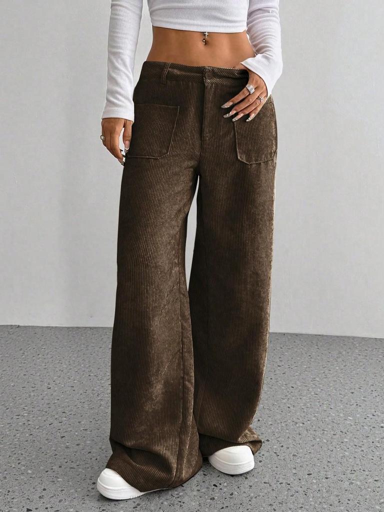 Europäische/Amerikanische Damen Casual Bodenlange Weitbeinige Hose mit Vorder-/Gesäßtaschen, Einfarbig