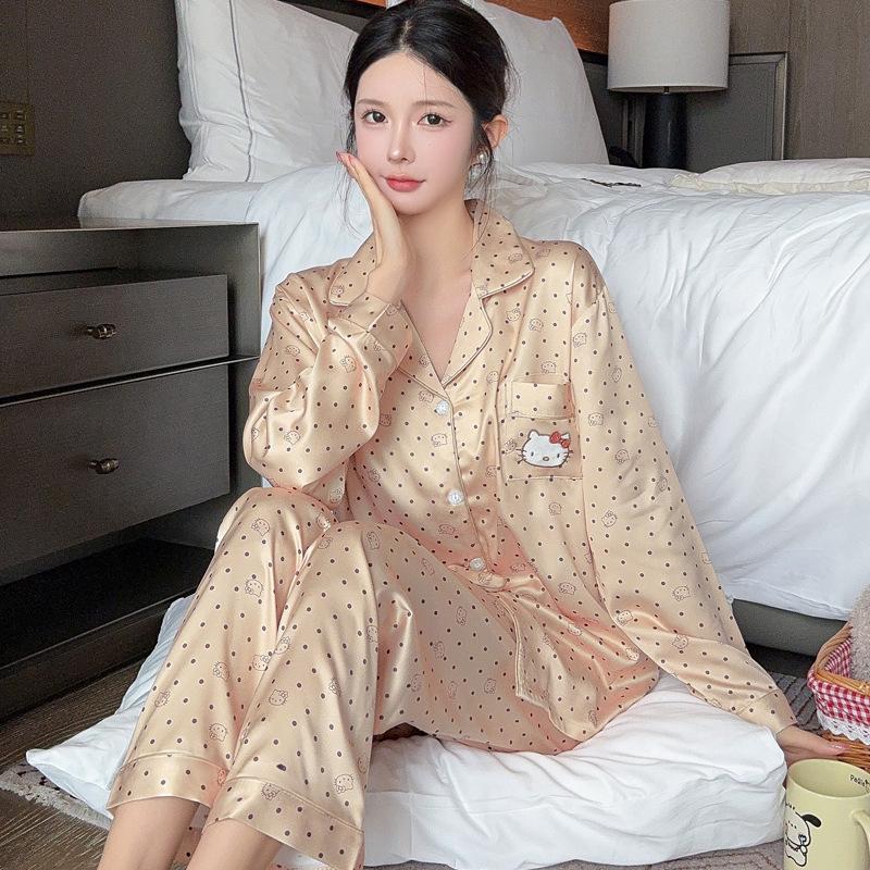 Summer High-End Green Fashion Lapel Pajamas Women'S Long-Sleeved Trousers Plant Flower Loungewear Set