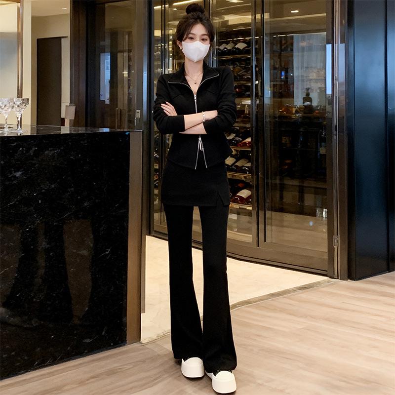 Women s Fall-Winter Slimming Hoodie & Micro-Flare Pants Set Small черный комплекта