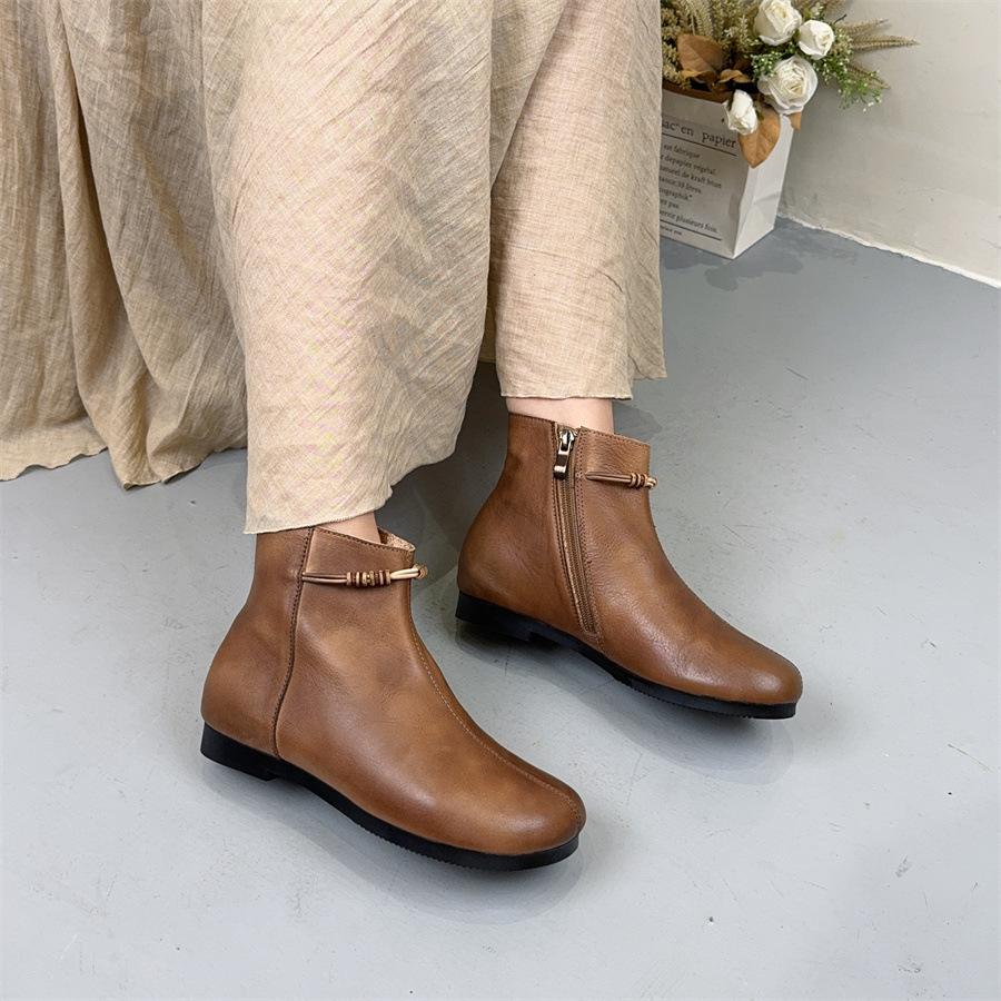 Johnature Retro Short Boots With Side Zipper Genuine Leather Soft Sole Comfortable Women's Shoes