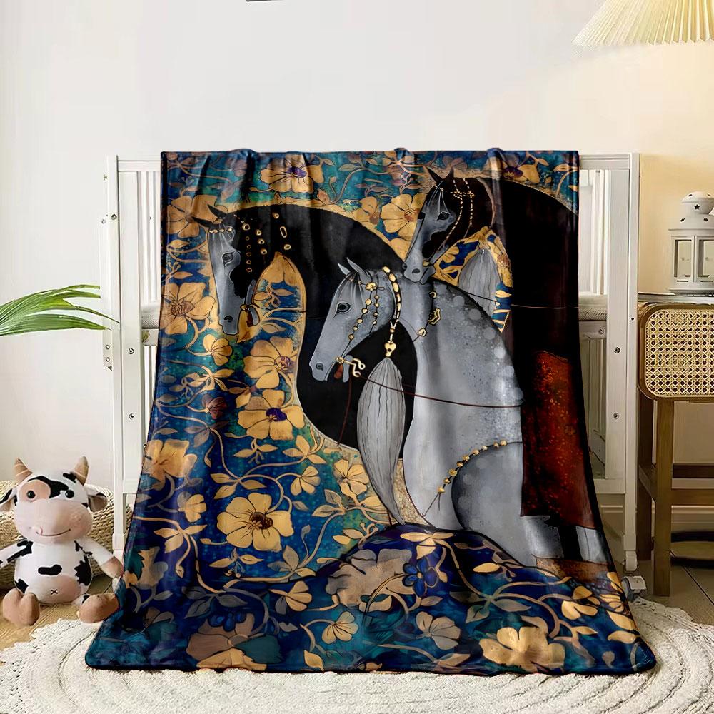 Elegant Floral Horse Motif Blanket bedroom Blanket for Livingroom Couch lunch break Soft throw for Friend's festival Gift