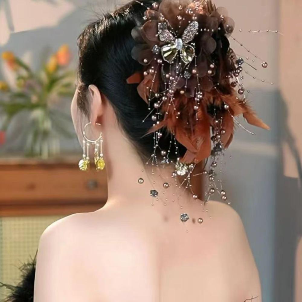 Feather Flower Pearls Hair Claw Tassel Shark Clip Elegant Grasping Clip  for Girl