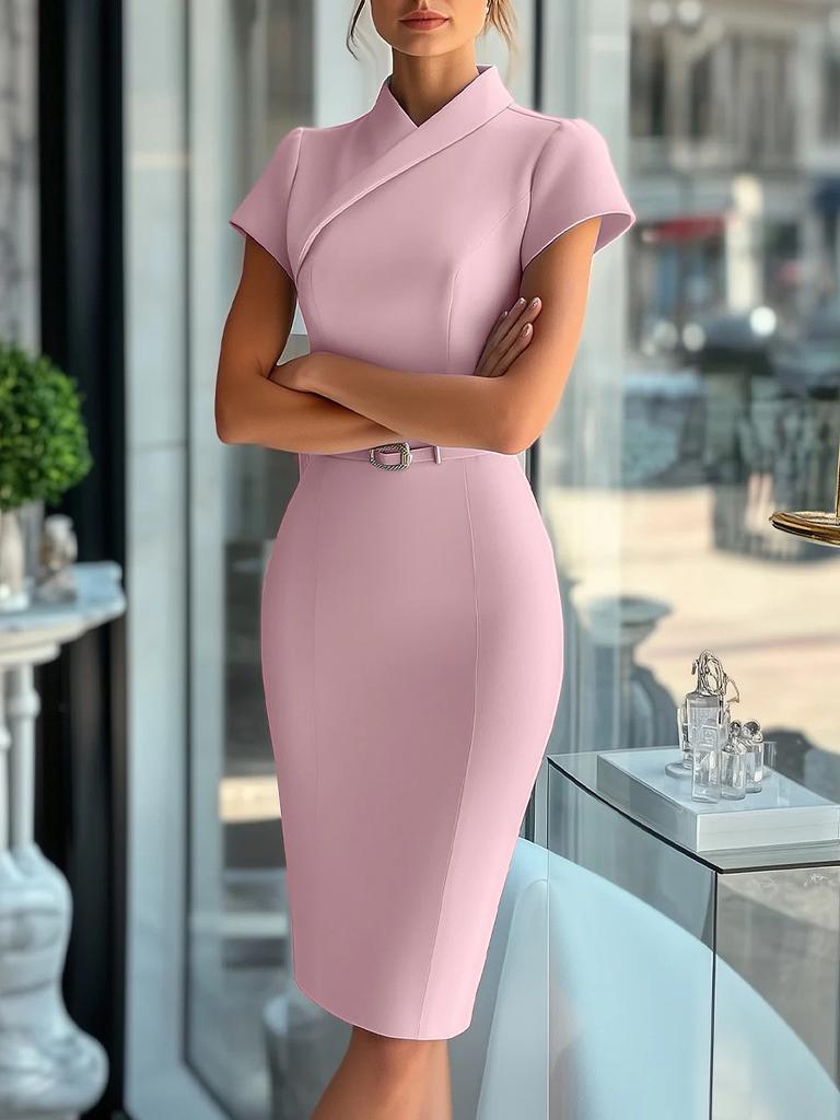Packable Blue Polyester Bodycon Dress With Notch Collar For Office And Casual Wear