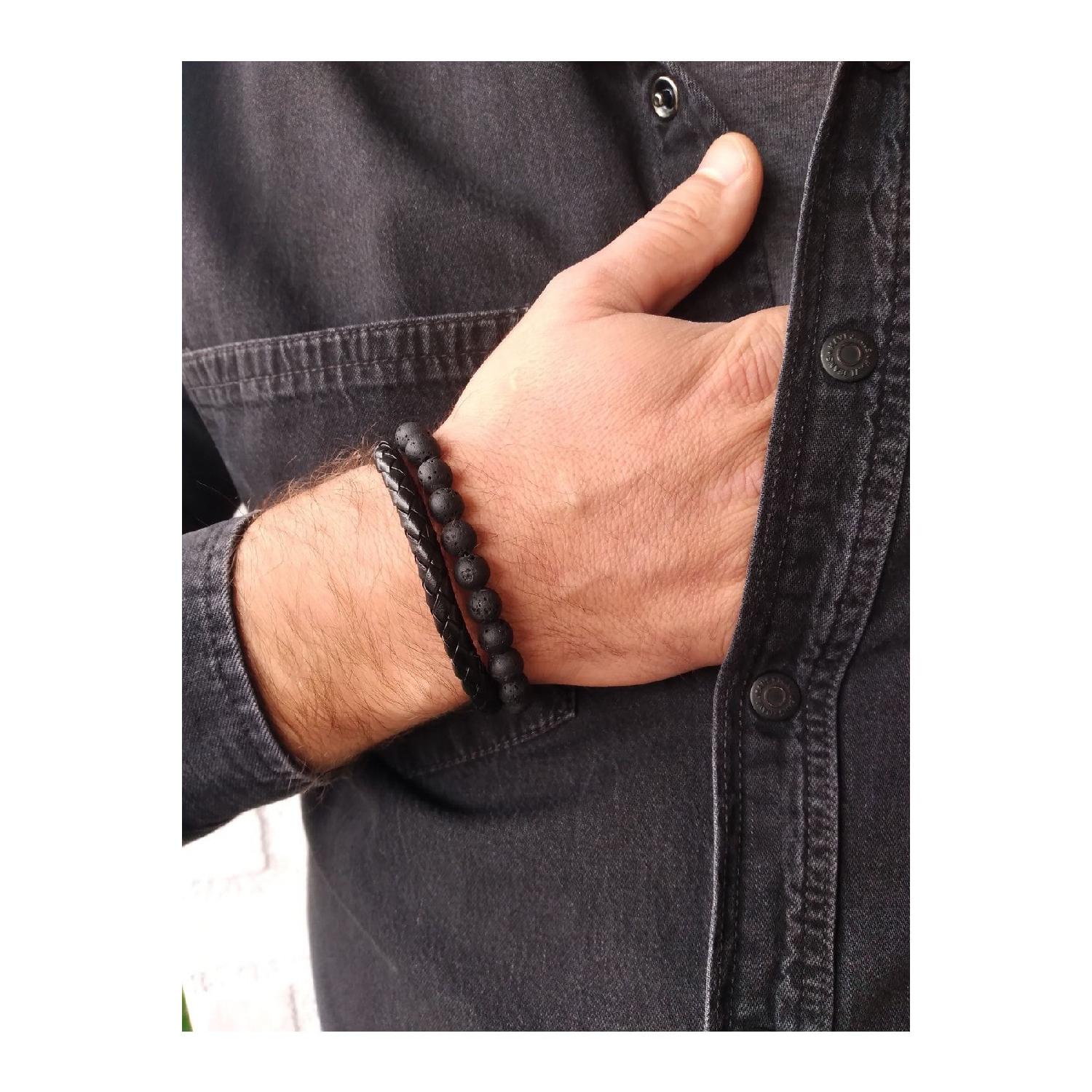 

Men s Lava Stone Natural Stone Quartz And Leather Bracelet чорний