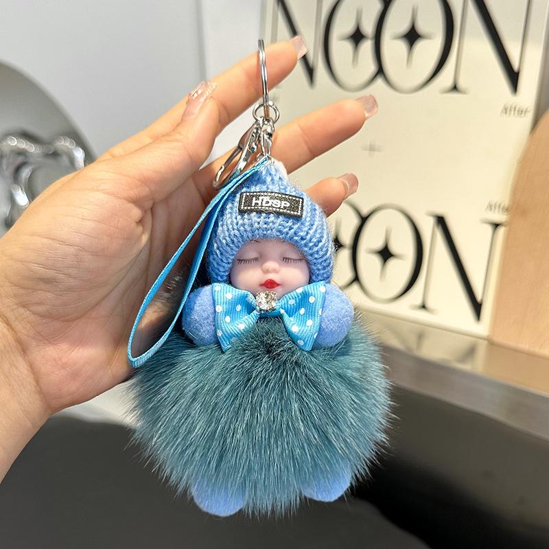 Pompom Sleeping Doll Keychain Cute Fluffy Plush Doll Keychains Women Girl Bags Keyrings Cars Key Ring Gift Charming Decoration