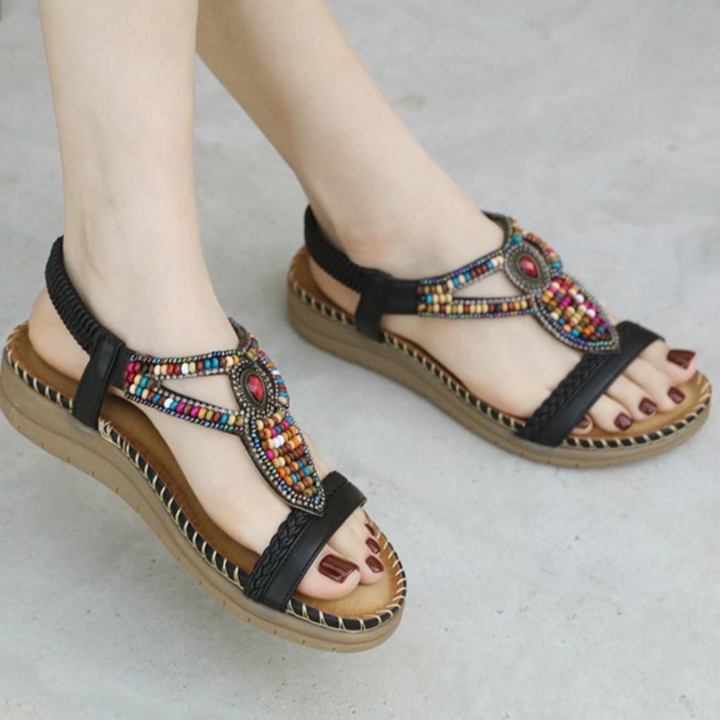 Bohemian Rhinestone Sandals For Womens Comfortable Round Toe Beach Vacation Plus Size Sandal Zapatos Para Mujer Sandalias Planas