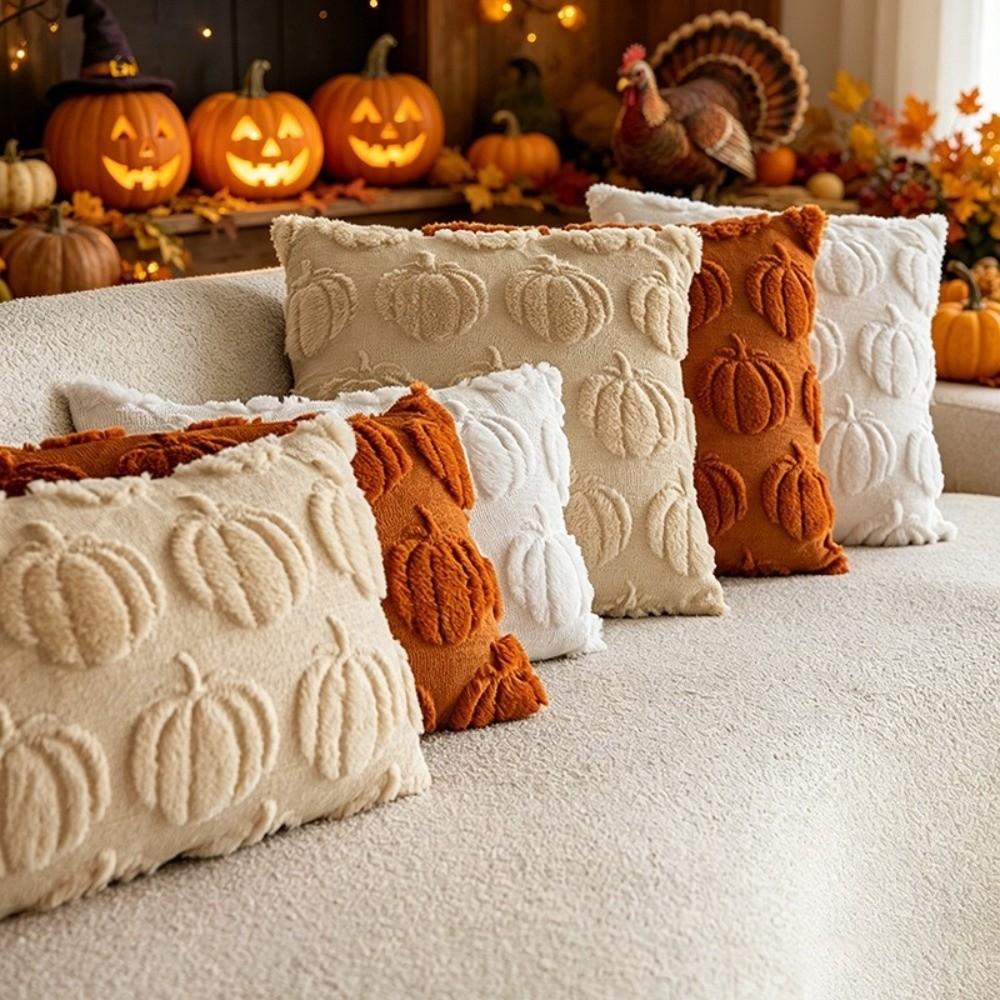 Pumpkin Pattern Throw Pillow Covers Faux Wool Cushions Autumn Thanksgiving Harvest