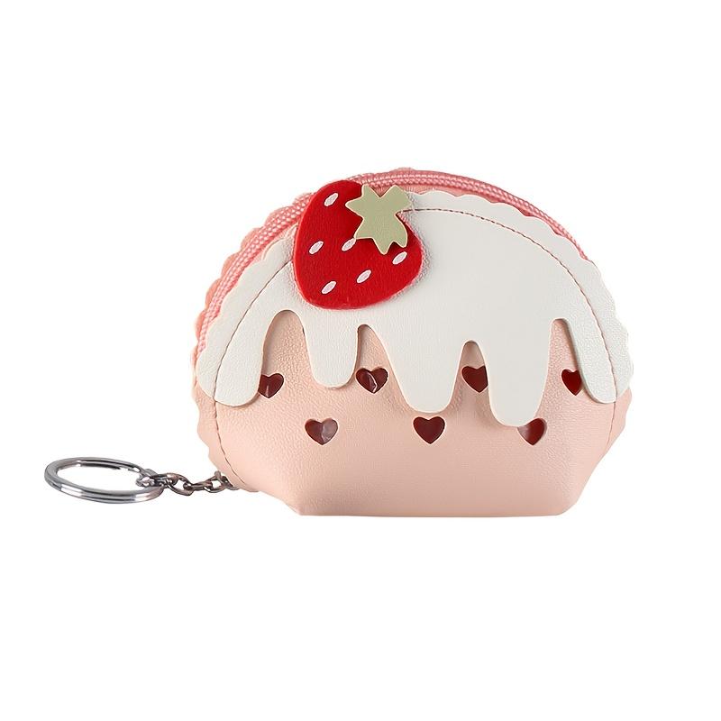 Girl's PU Leather Cartoon Strawberry Cake Heart Pattern Coin Purse Mini Cute Wallets With Keychain Outdoor Money Cards Storage Handbags