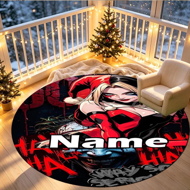 Custom Name Personalized Harley Quinn Joker Print Round Rug, Versatile Home Decor Carpet, for Playroom, Apartment, Balcony, Entryway, Hallway Gift
